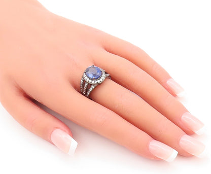 925 Sterling Silver Vintage Ring Split Band CZ Inlay & Sapphire  Sz 8  RG29617