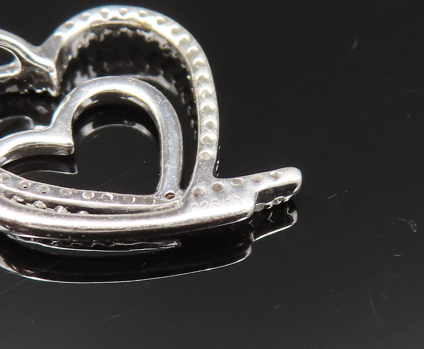 925 Silver  Vintage Genuine Diamonds Double Open Love Heart Pendant  PT20934