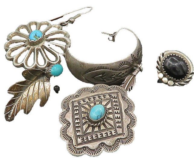 ZUNI NAVAJO 925 Silver  Vintage Turquoise & Onyx Lot Single Earrings  EG11255