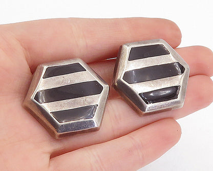 MEXICO 925 Silver  Vintage Black Onyx Striped Non Pierce Earrings  EG2172