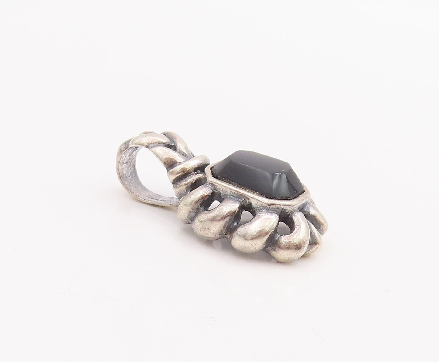 925 Sterling Silver Vintage Pendant Solid Cutout Braided Rectangle Onyx  PT22844
