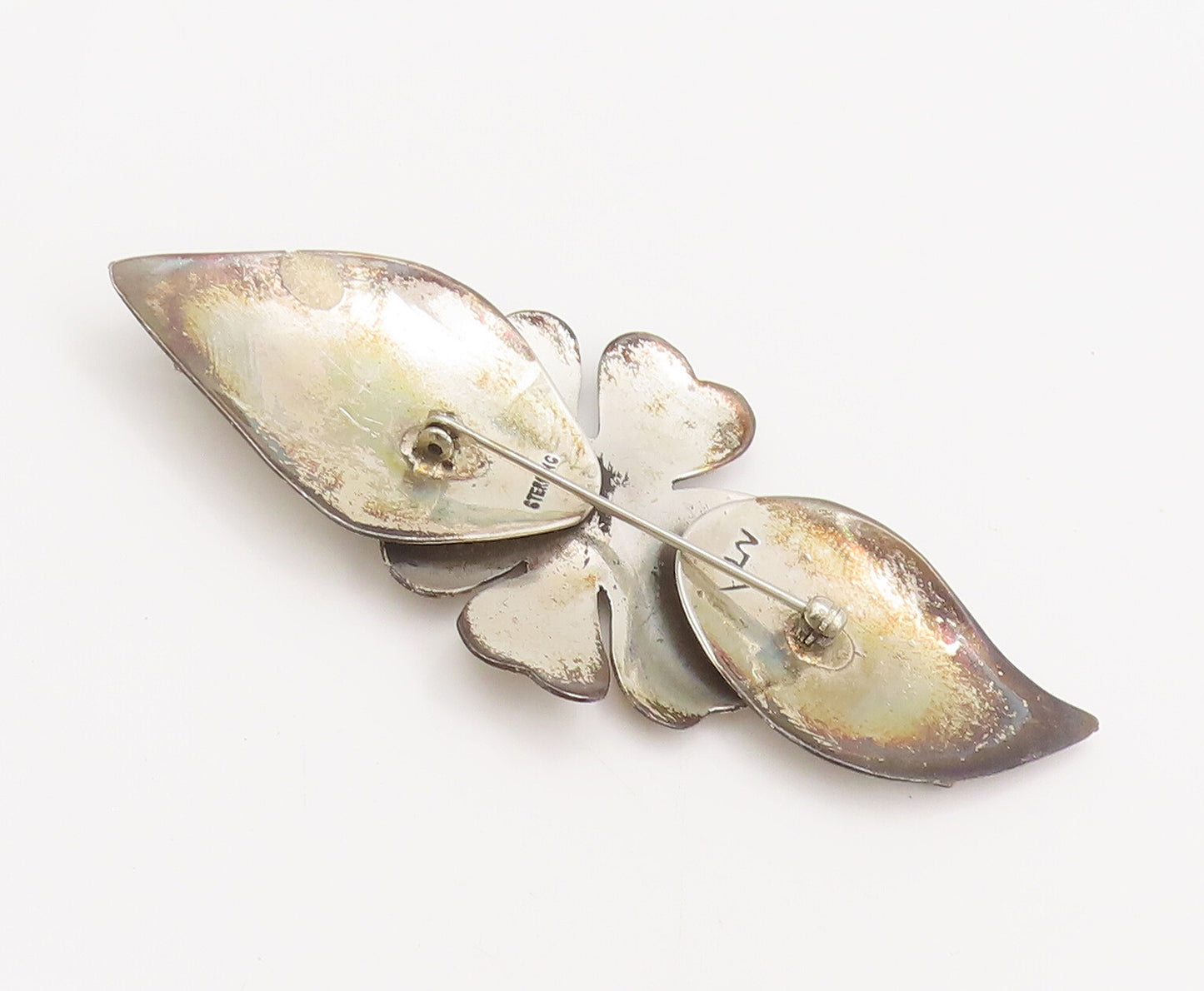 925 Sterling Silver  Vintage Designer Beaded Flower & Leaf Brooch Pin  BP10421