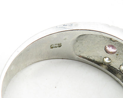 925 Sterling Silver  Pink & White Topaz Three Row Band Ring Sz 10.5  RG9940