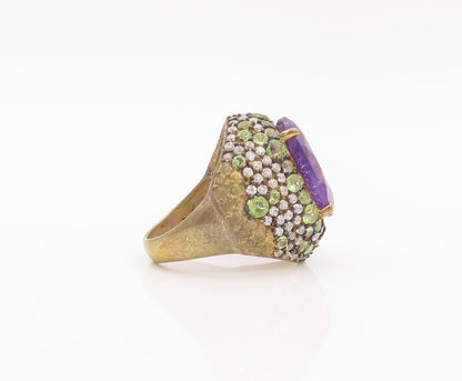 925 Sterling Silver Vintage Ring Gold Plate Amethyst Peridot & CZ  Sz 7  RG30160