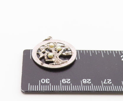 925 Sterling Silver  Vintage Petite Pearls Tree Motif Round Pendant  PT19131