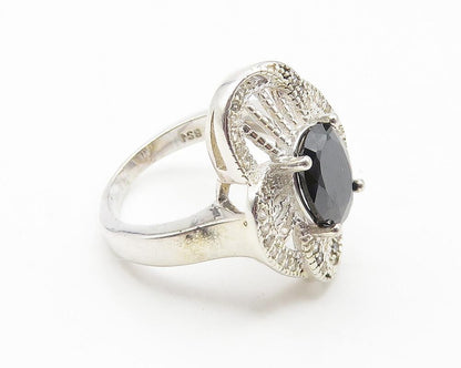 925 Sterling Silver  Hematite Floral Filigree Cocktail Ring Sz 5.5  RG10674