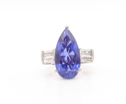 925 Sterling Silver Vintage Ring Drop Cut Blue & White CZ  Sz 6  RG32926
