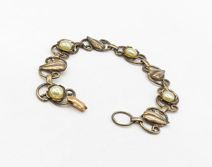 925 Sterling Silver  Vintage Freshwater Pearls Floral Chain Bracelet  BT6362