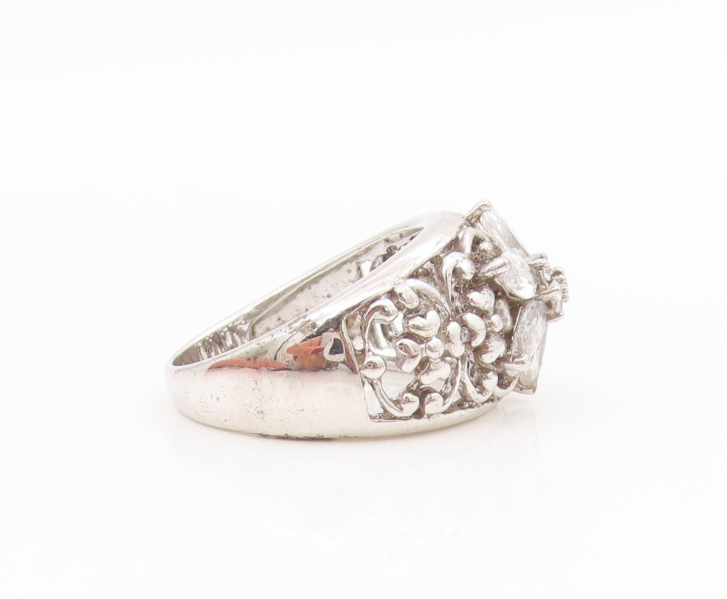 925 Sterling Silver Vintage Ring CZ Elegant Floral Scrollwork Band Sz 7 RG34607