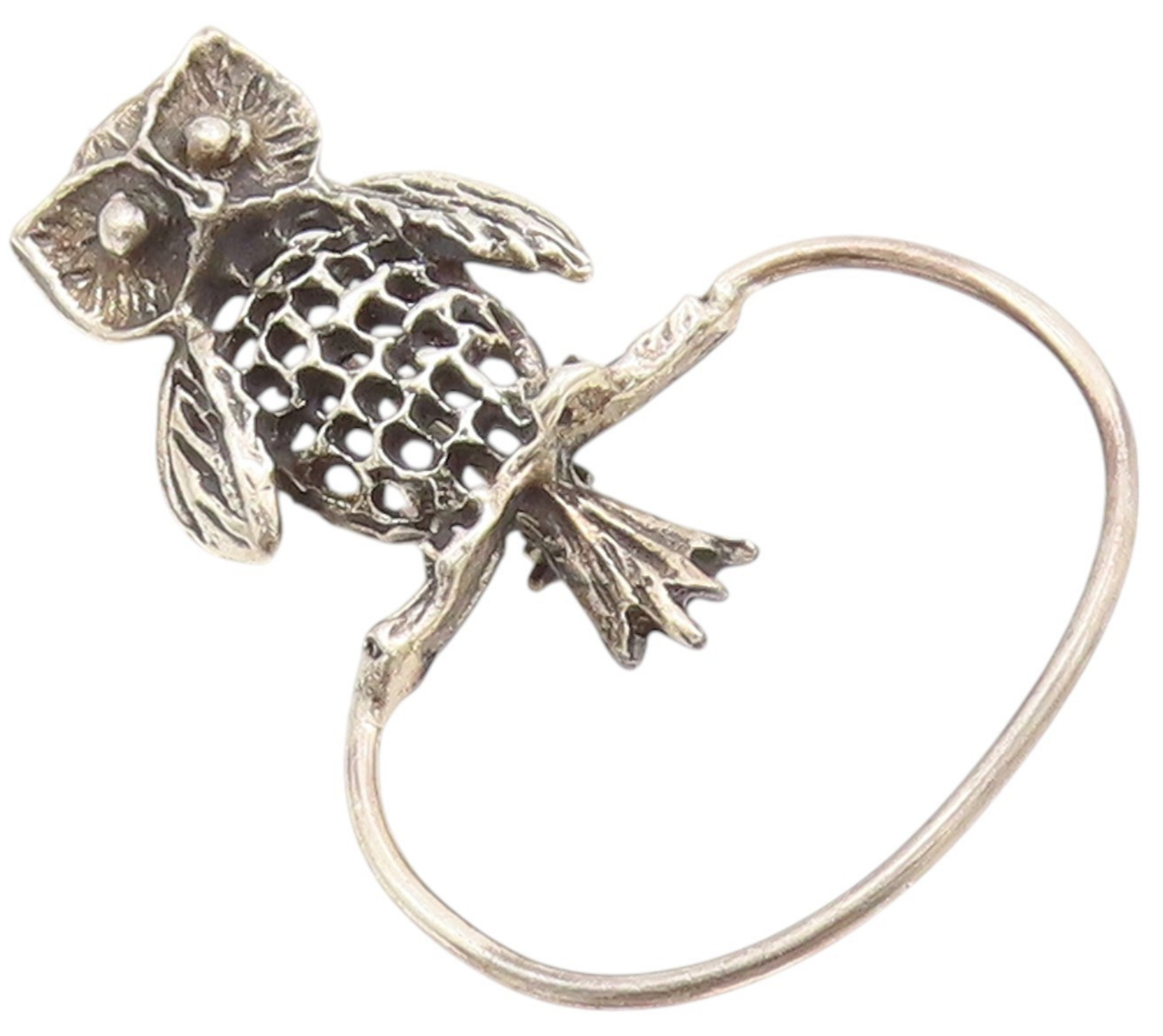 925 Sterling Silver Vintage Brooch Dark Tone Cutout Owl On Ring  BP11699