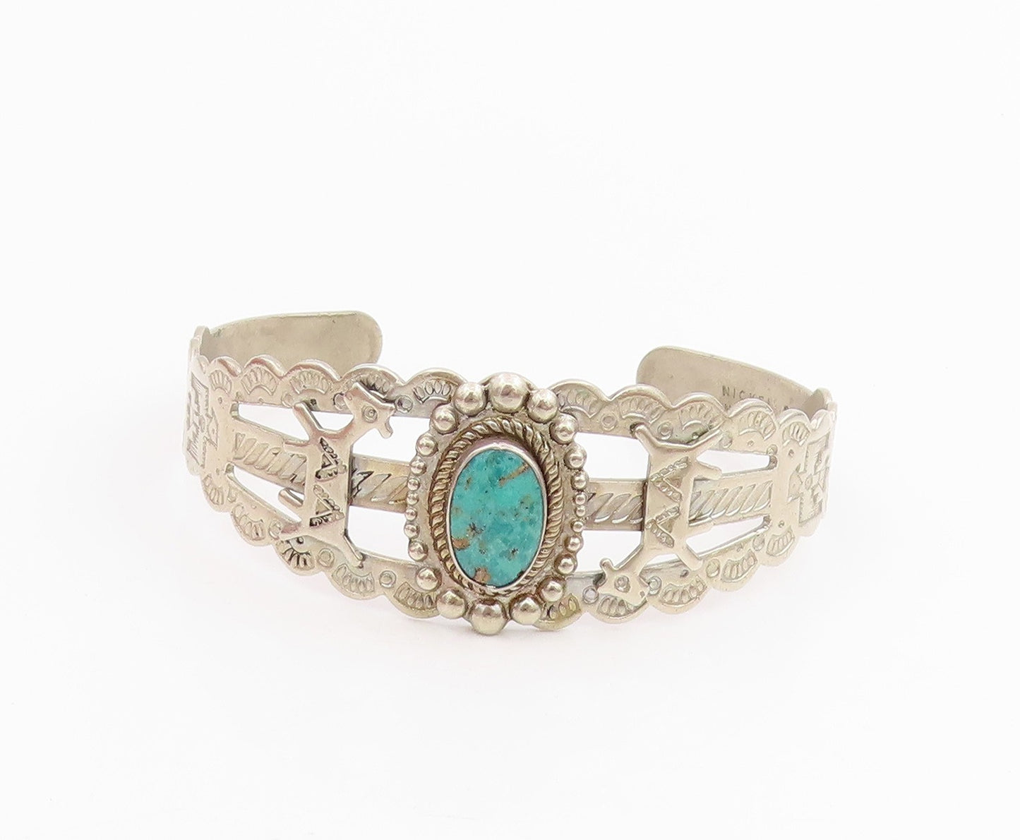925 Sterling Silver Vintage Bracelet SOUTHWESTERN Cabochon Turquoise BT11496
