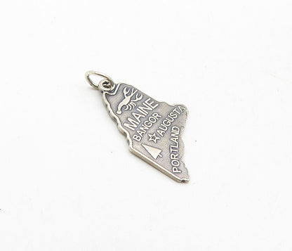 925 Sterling Silver  Vintage Dark Tone Maine State Map Drop Pendant  PT6919