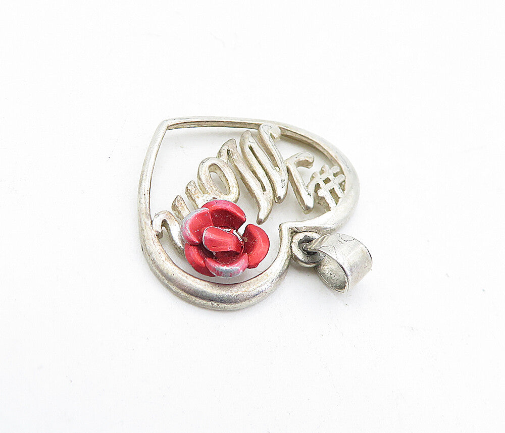 925 Sterling Silver  Vintage Rose Flower Mom Love Heart Drop Pendant  PT3406