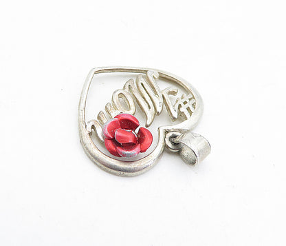 925 Sterling Silver  Vintage Rose Flower Mom Love Heart Drop Pendant  PT3406