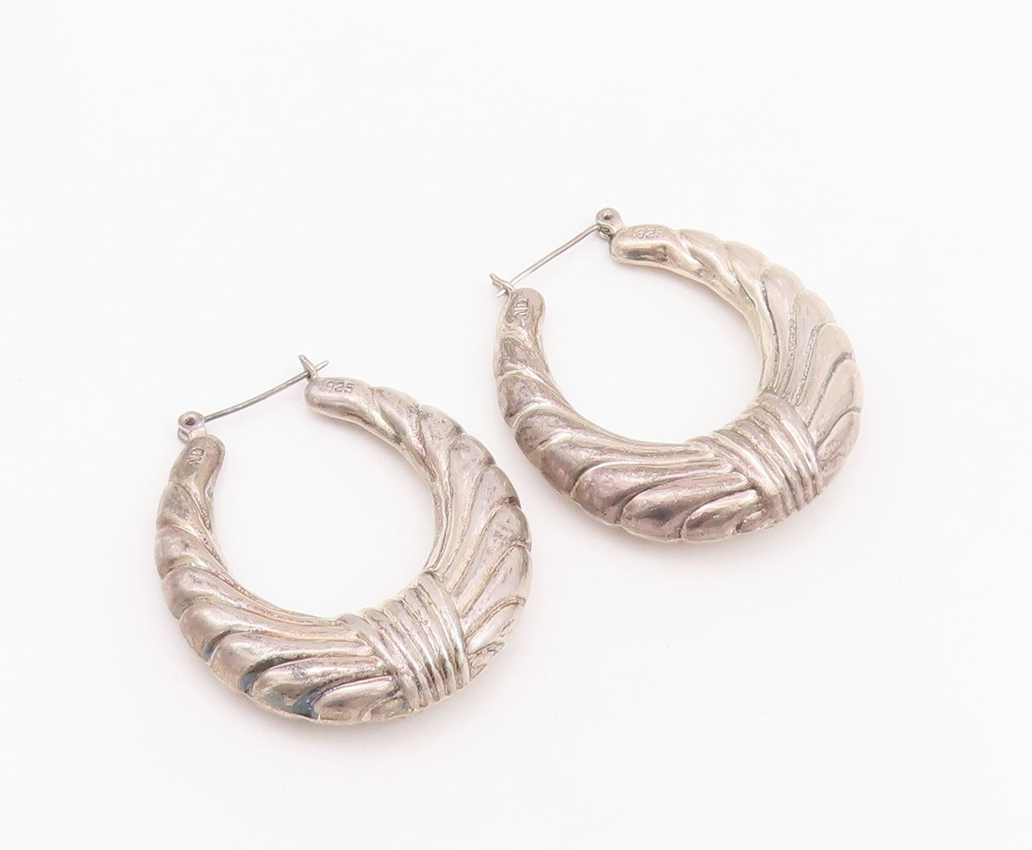 925 Sterling Silver Vintage Earrings Designer Puffed Grooved Hoops  EG13661