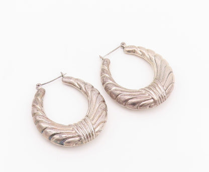 925 Sterling Silver Vintage Earrings Designer Puffed Grooved Hoops  EG13661