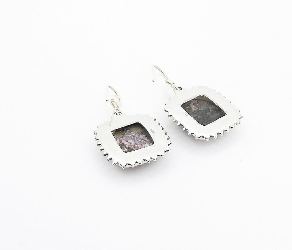 925 Sterling Silver  Vintage Cabochon Cut Jasper Square Drop Earrings  EG3232