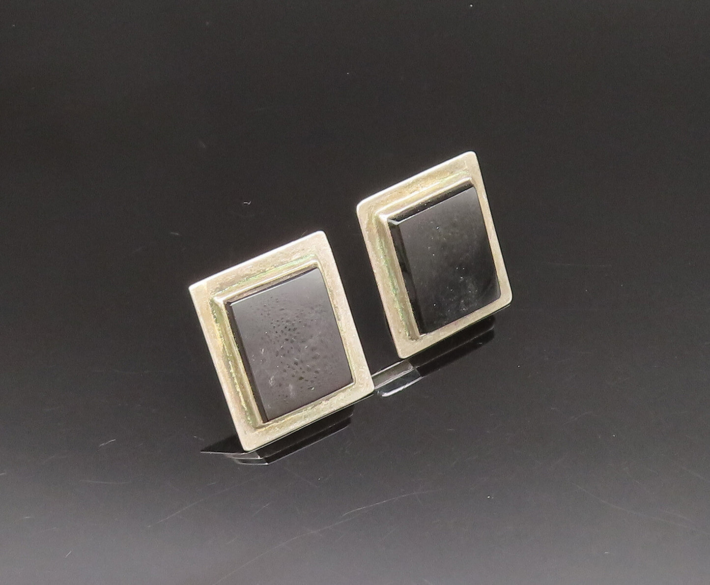 MEXICO 925 Silver  Vintage Rectangular Black Onyx Screw Back Earrings  EG11946