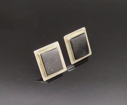 MEXICO 925 Silver  Vintage Rectangular Black Onyx Screw Back Earrings  EG11946