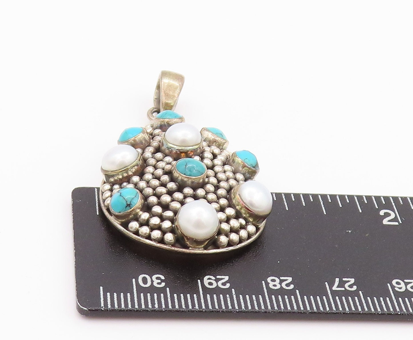 925 Sterling Silver Vintage Pendant Drop Shape Round Pearls & Turquoise  PT24065