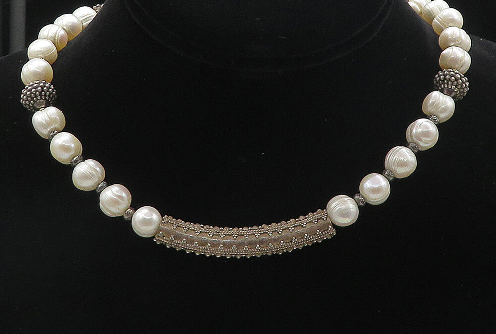 925 Sterling Silver  Vintage Baroque Pearls Beaded Chain Necklace  NE1472