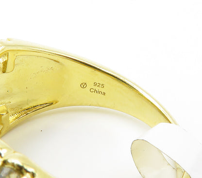 925 Sterling Silver  Emerald & Topaz Shiny Gold Plated Band Ring Sz 7  RG15252