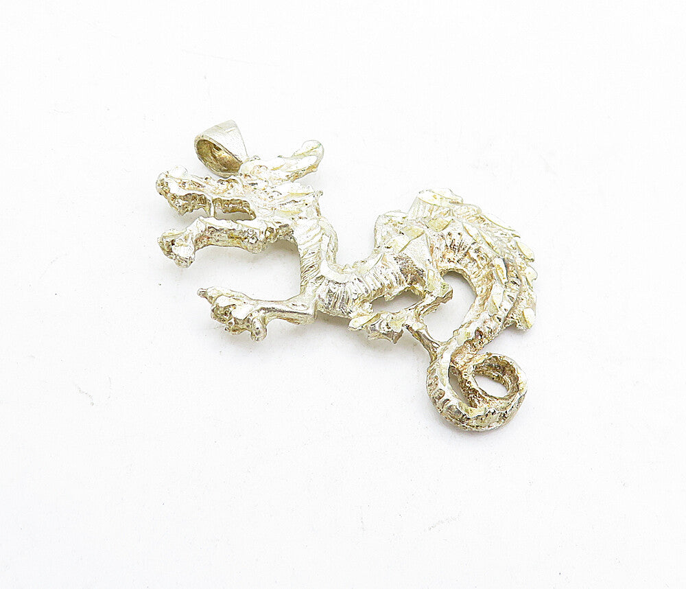 925 Sterling Silver  Vintage Shiny Etched Dragon Motif Drop Pendant  PT3913