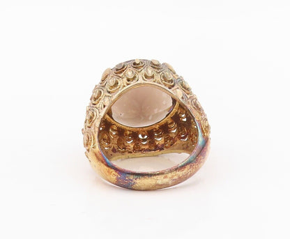 925 Sterling Silver Vintage Ring Gold Plate Carved Smoky Quartz  Sz 7  RG30158