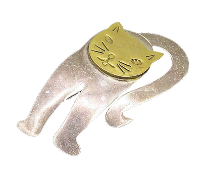 925 Sterling Silver  Vintage Two Tone Shiny Cat Motif Brooch Pin  BP9350