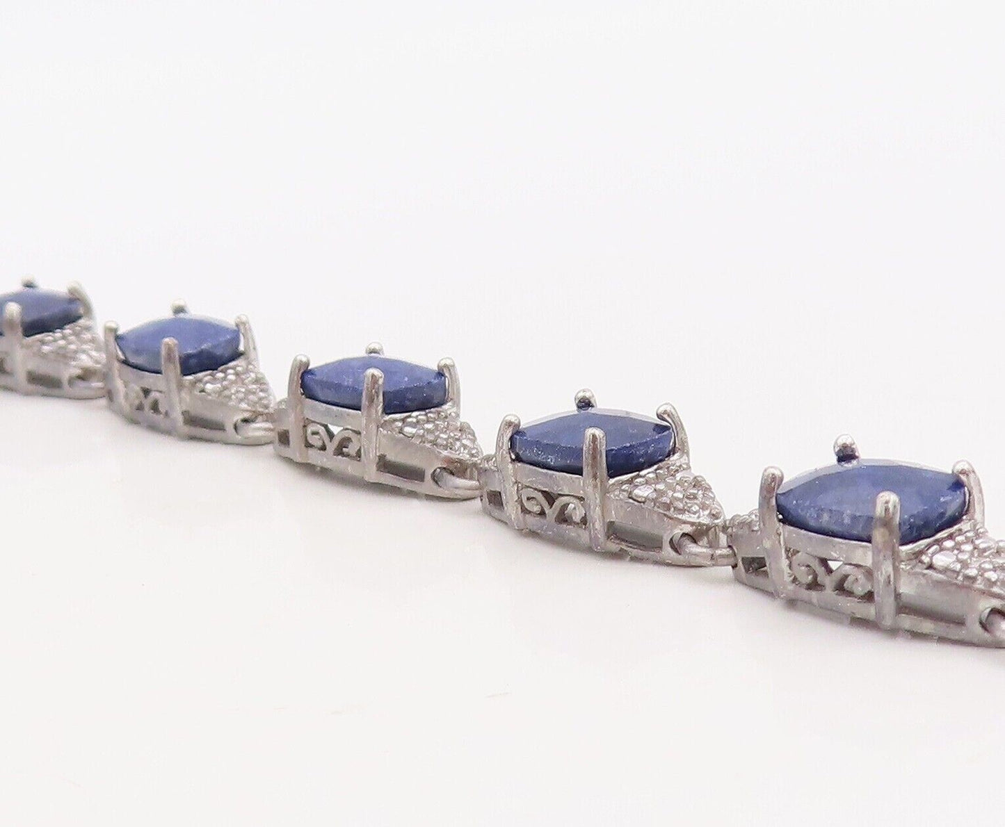 925 Sterling Silver Vintage Bracelet Oval Shape Sapphire & CZ Inlay  BT10761