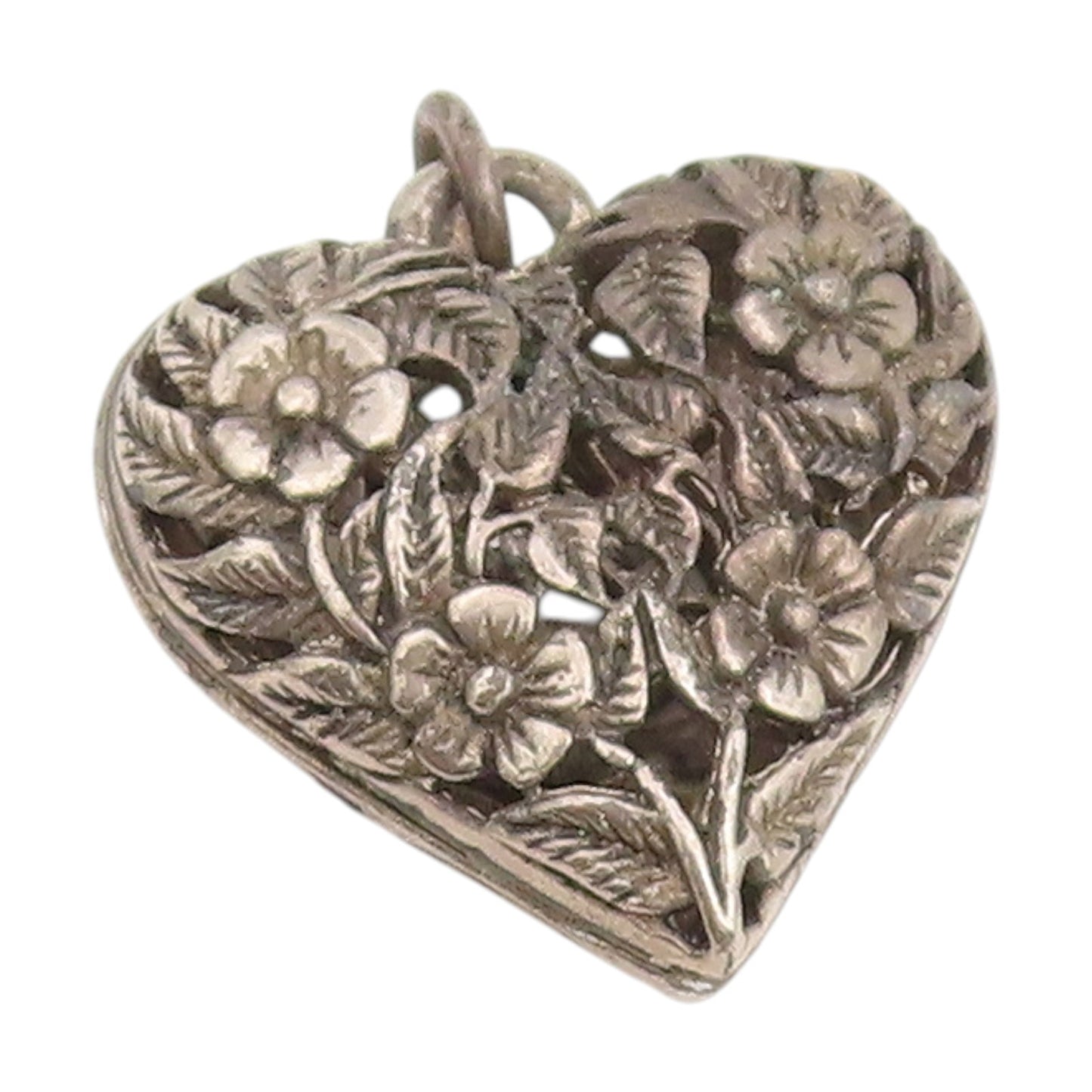 925 Sterling Silver Vintage Pendant Dark Tone Floral Cut Out Love Heart  PT25183