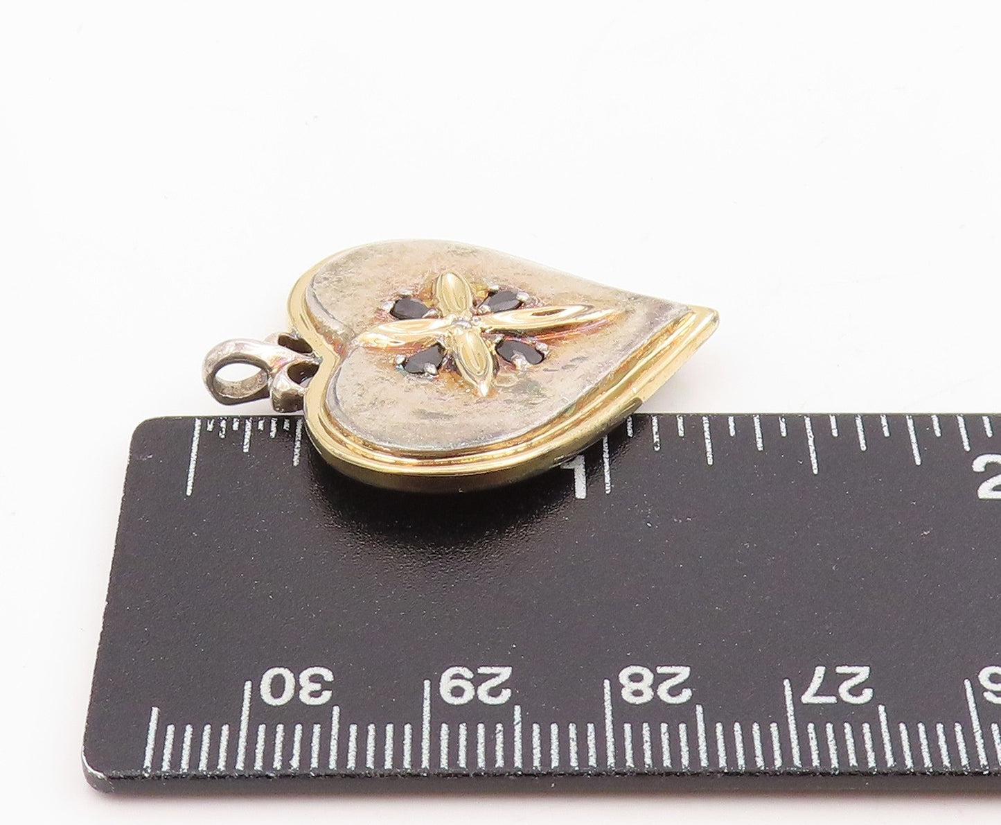 925 Sterling Silver Vintage Pendant Real Diamond Sapphire Heart & Cross  PT25318