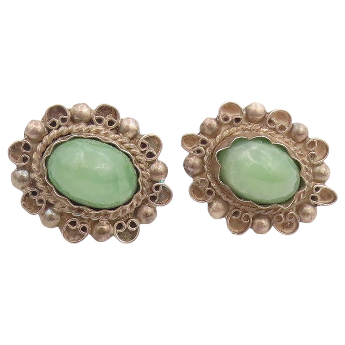 925 Sterling Silver Vintage Earrings MEXICO Cabochon Jade Screw Back  EG14449