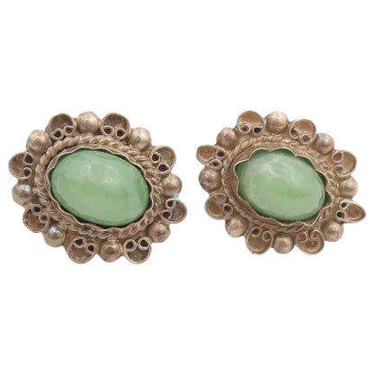 925 Sterling Silver Vintage Earrings MEXICO Cabochon Jade Screw Back  EG14449