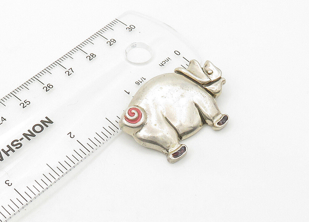 925 Sterling Silver  Vintage Shiny Enamel Detail Pig Motif Brooch Pin  BP8382