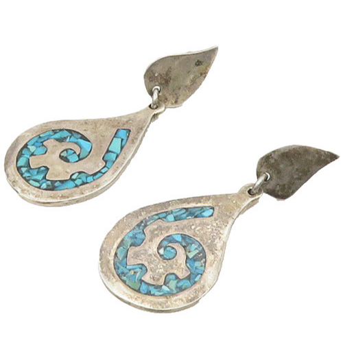 MEXICO 925 Sterling Silver  Vintage Inlaid Turquoise Drop Earrings  EG9439