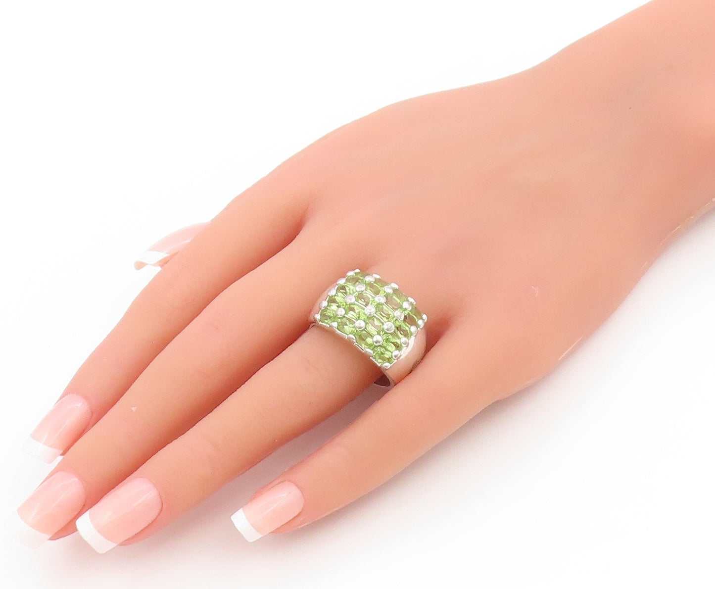925 Sterling Silver Vintage Ring Oval Cut Peridot Cluster Dome  Sz 11  RG34747