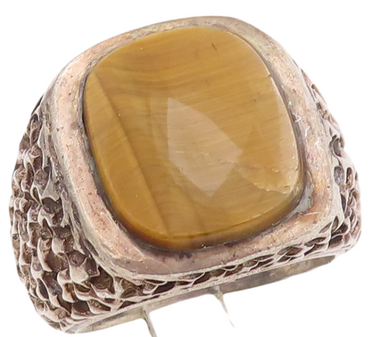 925 Sterling Silver Vintage Ring Brutalist Square Cut Tiger's Eye Sz 9.5 RG28982
