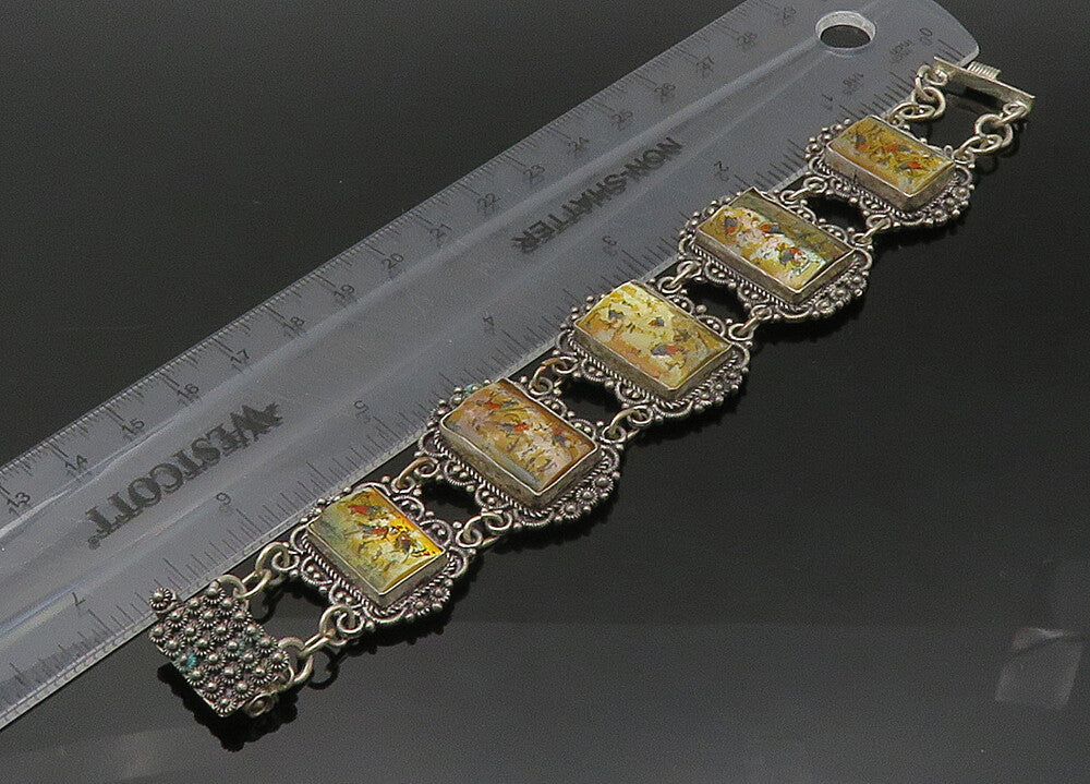 JERUSALEM 925 Sterling Silver Vintage Enameled Storyteller Bracelet  BT8705