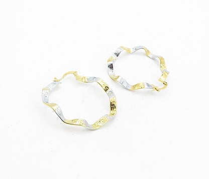 925 Sterling Silver  Shiny Two Tone Greek Key Pattern Hoop Earrings  EG4329