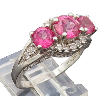 925 Silver Vintage Ring Carved Three Pinkesh Spinels Halo Topaz  Sz 7  RG27583