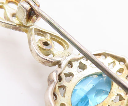 925 Sterling Silver Vintage Brooch Marquise Cut Blue Topaz & Halo CZ Pin BP11944