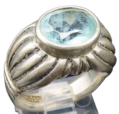 ESPO SIG 925 Silver  Vintage Oval Aquamarine Ribbed Dome Ring Sz 7.5  RG25671