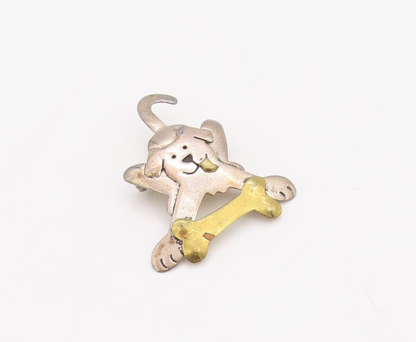 925 Sterling Silver Vintage Brooch Pin FAR FETCHED Dog Chasing Bone BP11200
