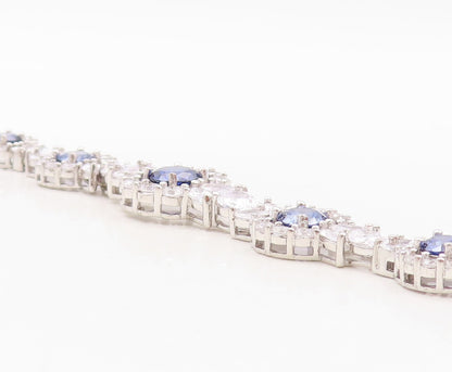 925 Sterling Silver Vintage Bracelet Cutout Floral Inlay Blue & White CZ BT10740