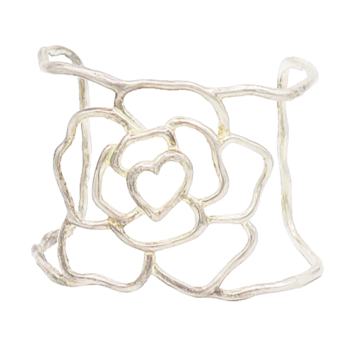 925 Sterling Silver  Vintage Shiny Flower Outline Cuff Bracelet  BT7569