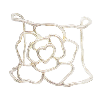 925 Sterling Silver  Vintage Shiny Flower Outline Cuff Bracelet  BT7569