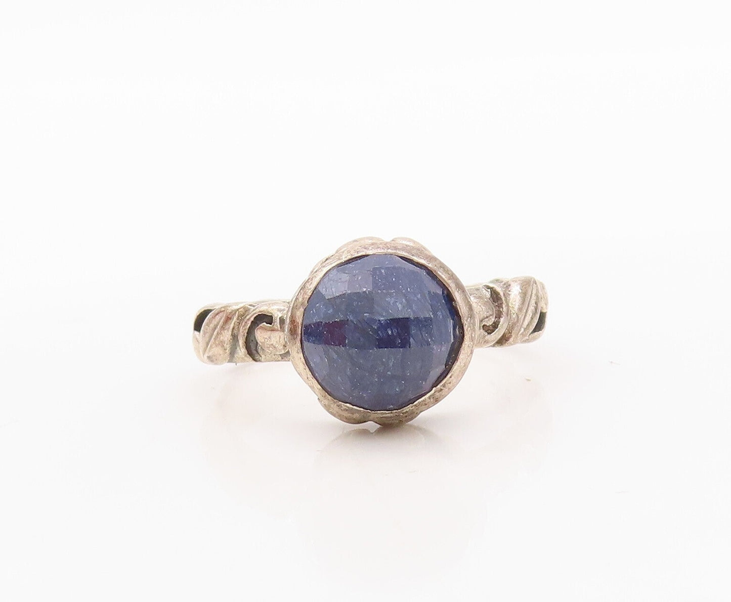 925 Sterling Silver Vintage Ring Swirly Carved Band Round Gemstone Sz 7  RG30693