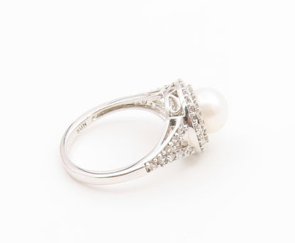 925 Sterling Silver Vintage Ring Pearl & Halo CZ Statement Band  Sz 7  RG36917
