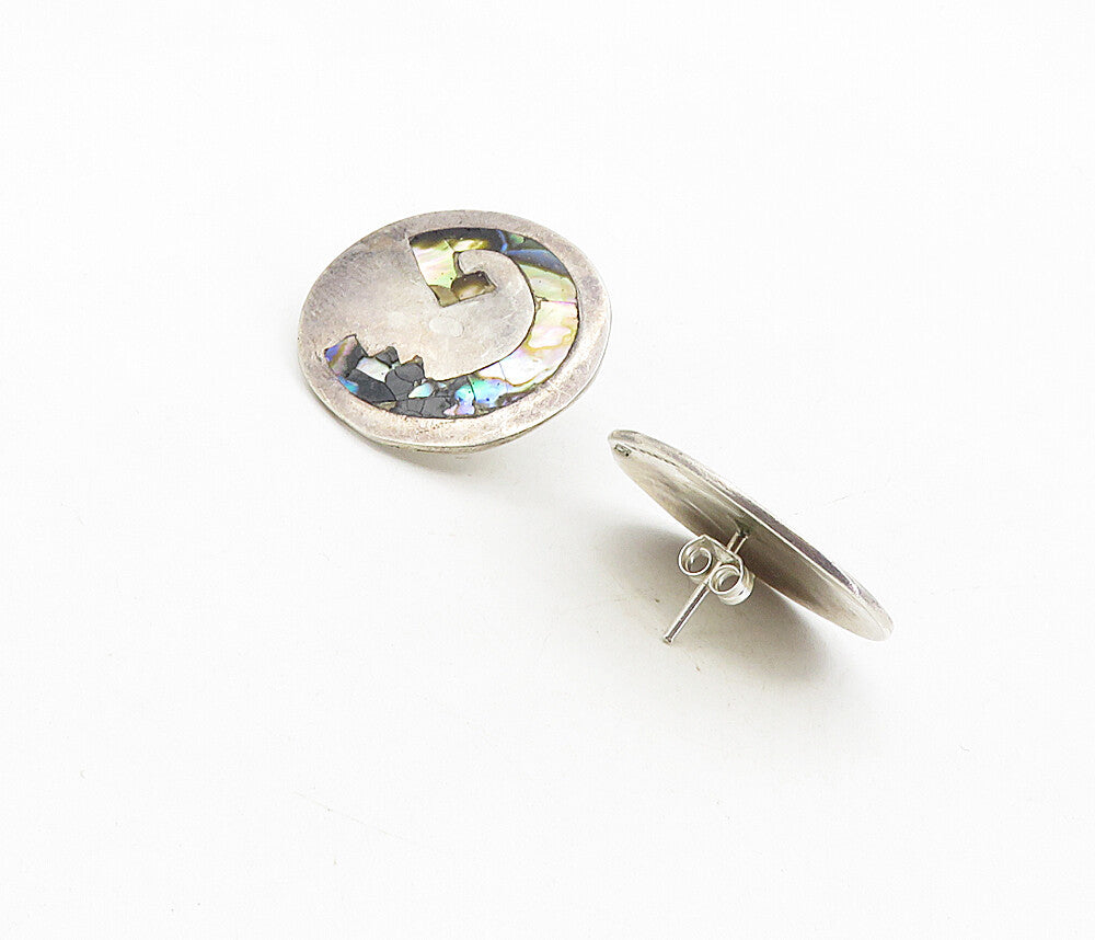 MEXICO 925 Silver  Vintage Inlaid Abalone Shell Round Drop Earrings  EG4588